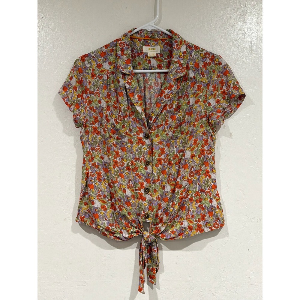 Maeve Anthropologie Fruit Floral Tie Front Button Down Shirt Top MultiColor US 2